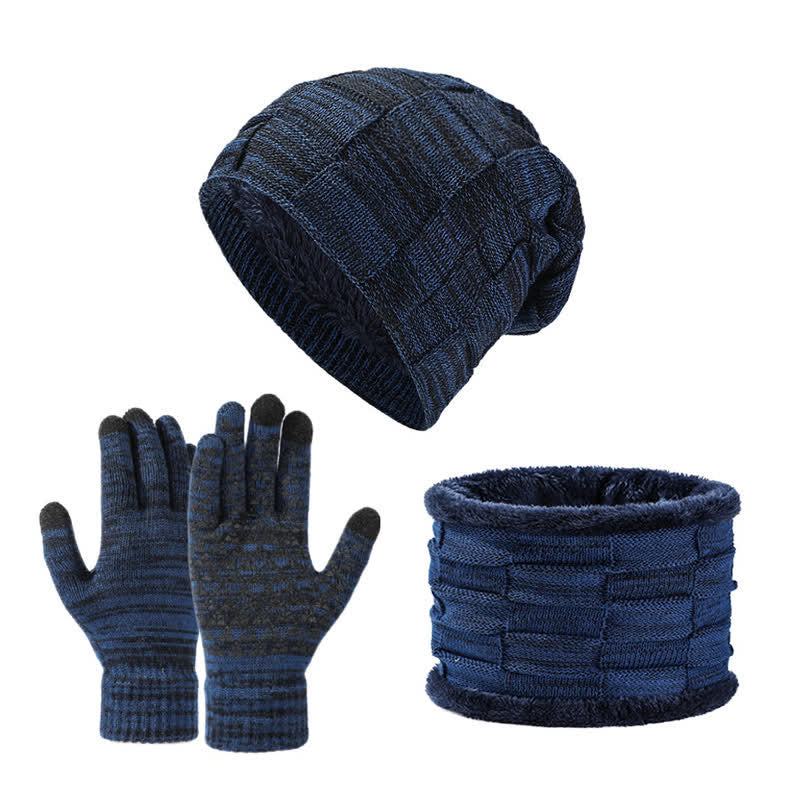 3-teiliges zweifarbiges, quadratisches Unisex-Strickmützen-Set mit Halsmanschette und Handschuhen