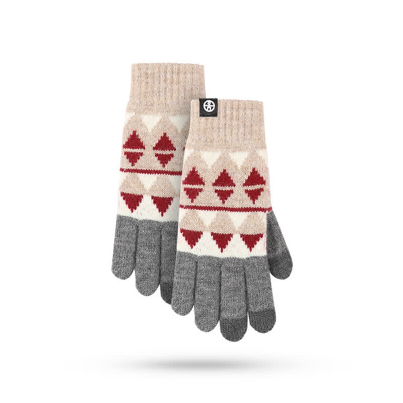 3-teiliges Unisex-Set mit Strickmütze, Schal und Handschuhen mit Dreiecksmuster und Fellbommel