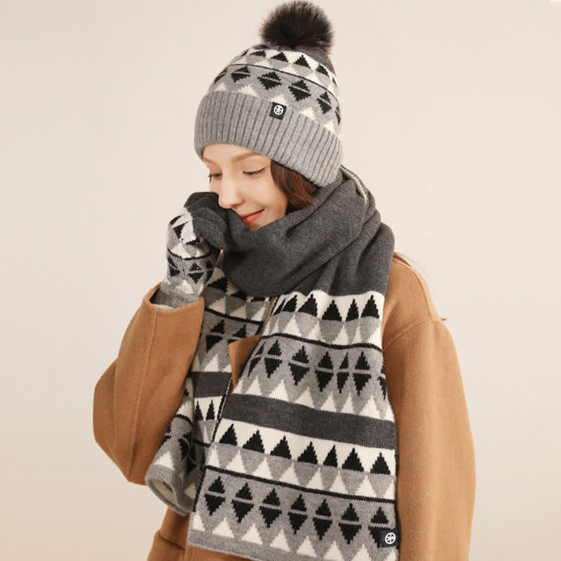 3-teiliges Unisex-Set mit Strickmütze, Schal und Handschuhen mit Dreiecksmuster und Fellbommel