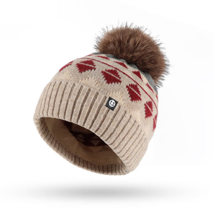 3-teiliges Unisex-Set mit Strickmütze, Schal und Handschuhen mit Dreiecksmuster und Fellbommel