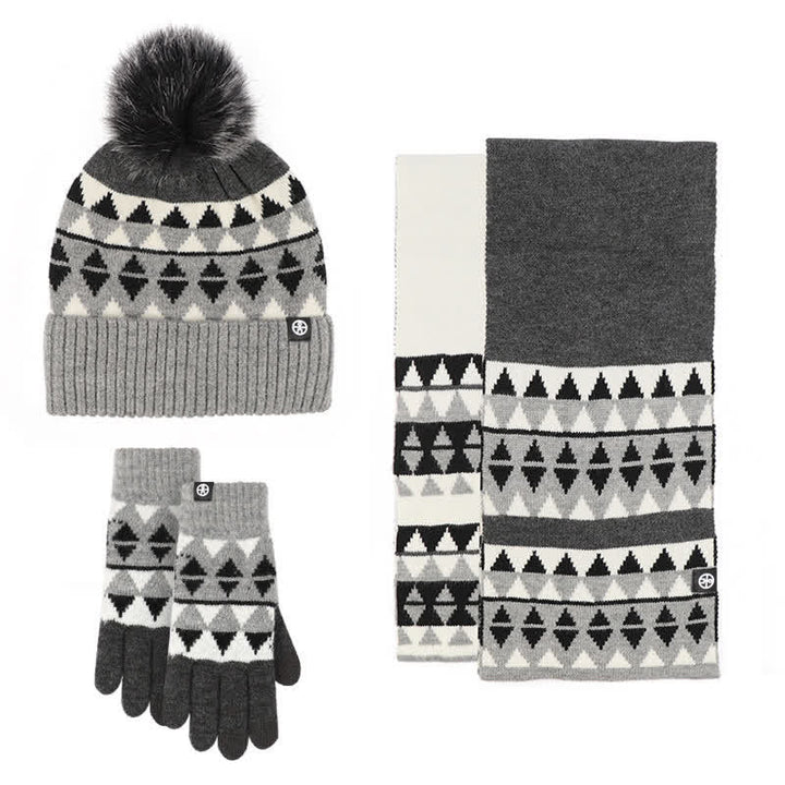 3-teiliges Unisex-Set mit Strickmütze, Schal und Handschuhen mit Dreiecksmuster und Fellbommel