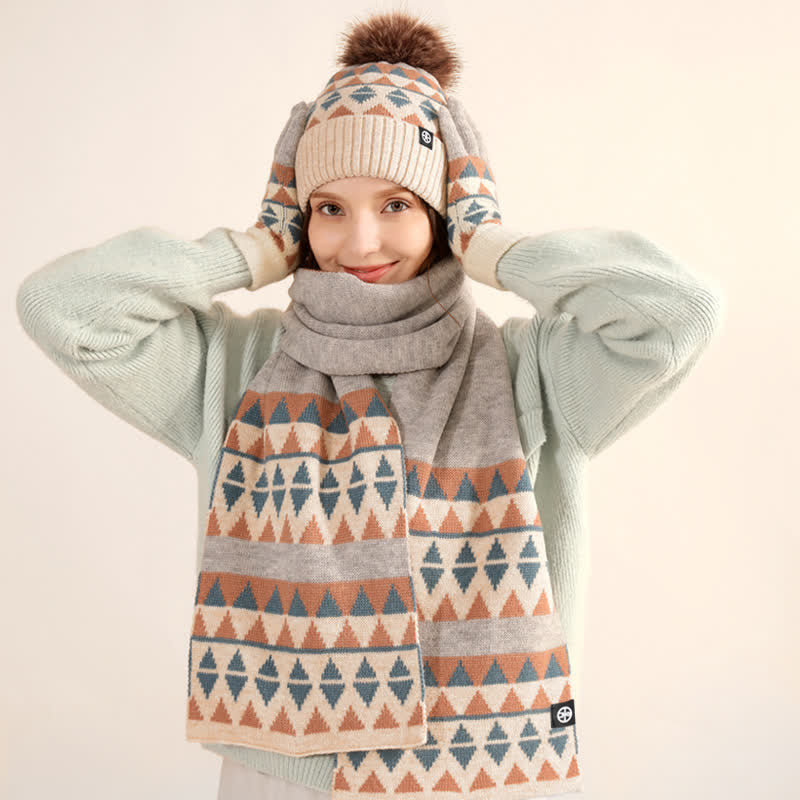 3-teiliges Unisex-Set mit Strickmütze, Schal und Handschuhen mit Dreiecksmuster und Fellbommel