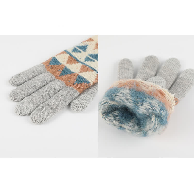 3-teiliges Unisex-Set mit Strickmütze, Schal und Handschuhen mit Dreiecksmuster und Fellbommel
