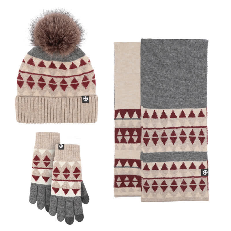 3-teiliges Unisex-Set mit Strickmütze, Schal und Handschuhen mit Dreiecksmuster und Fellbommel