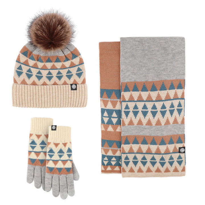 3-teiliges Unisex-Set mit Strickmütze, Schal und Handschuhen mit Dreiecksmuster und Fellbommel