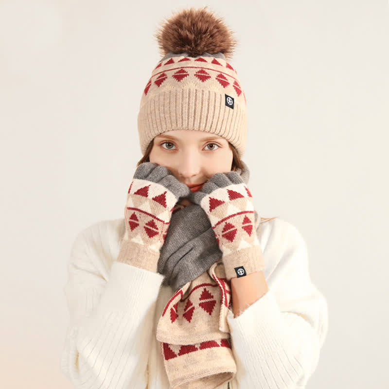 3-teiliges Unisex-Set mit Strickmütze, Schal und Handschuhen mit Dreiecksmuster und Fellbommel