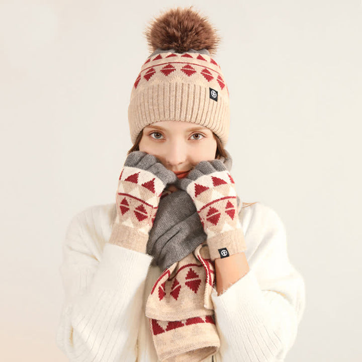 3-teiliges Unisex-Set mit Strickmütze, Schal und Handschuhen mit Dreiecksmuster und Fellbommel