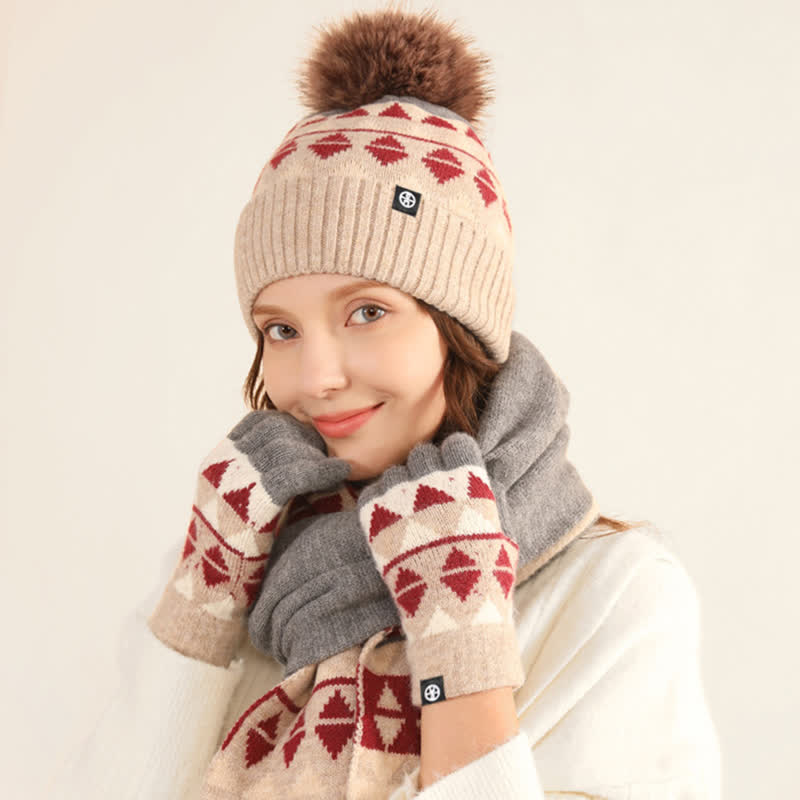 3-teiliges Unisex-Set mit Strickmütze, Schal und Handschuhen mit Dreiecksmuster und Fellbommel