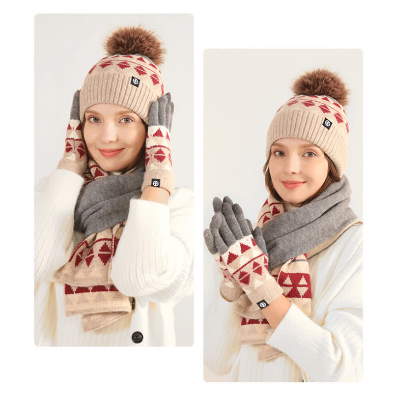 3-teiliges Unisex-Set mit Strickmütze, Schal und Handschuhen mit Dreiecksmuster und Fellbommel