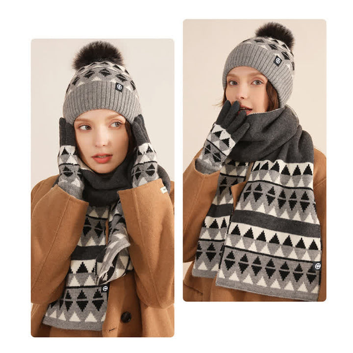3-teiliges Unisex-Set mit Strickmütze, Schal und Handschuhen mit Dreiecksmuster und Fellbommel