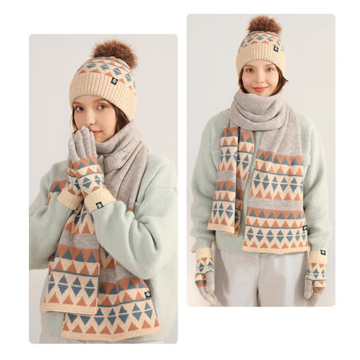 3-teiliges Unisex-Set mit Strickmütze, Schal und Handschuhen mit Dreiecksmuster und Fellbommel