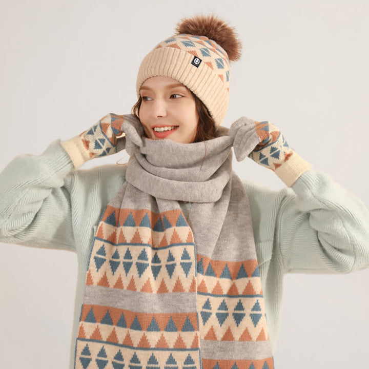 3-teiliges Unisex-Set mit Strickmütze, Schal und Handschuhen mit Dreiecksmuster und Fellbommel