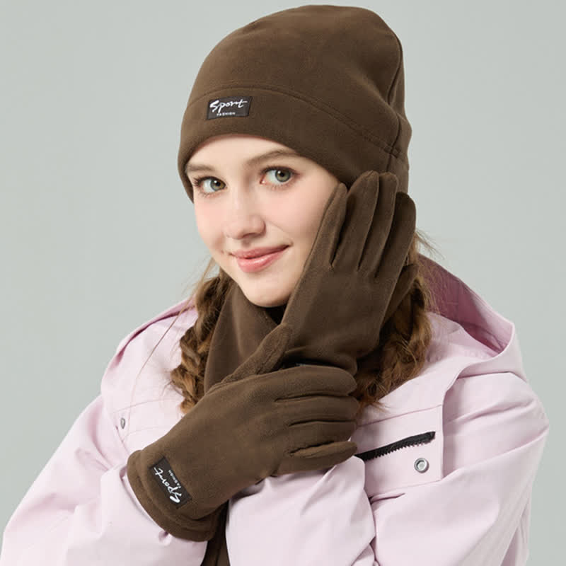 3-teiliges Unisex-Set aus Polarfleece, einfarbig, Mütze, Schal, Handschuhe