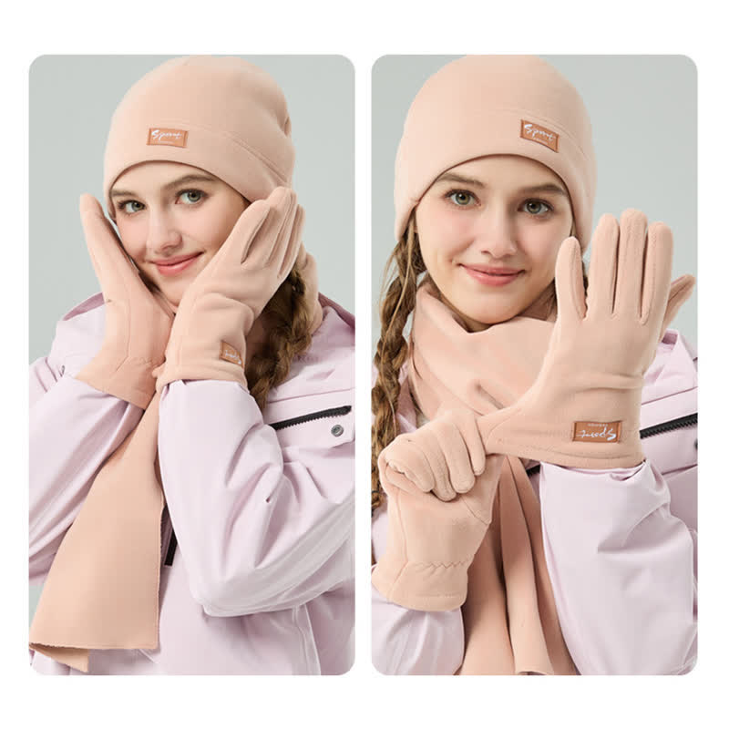 3-teiliges Unisex-Set aus Polarfleece, einfarbig, Mütze, Schal, Handschuhe