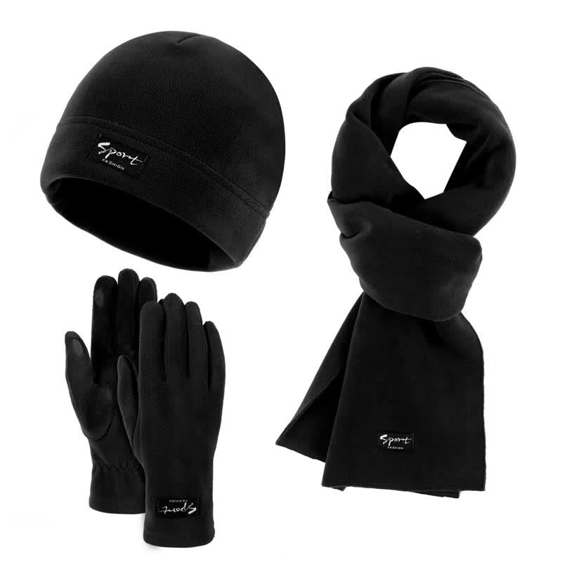 3-teiliges Unisex-Set aus Polarfleece, einfarbig, Mütze, Schal, Handschuhe