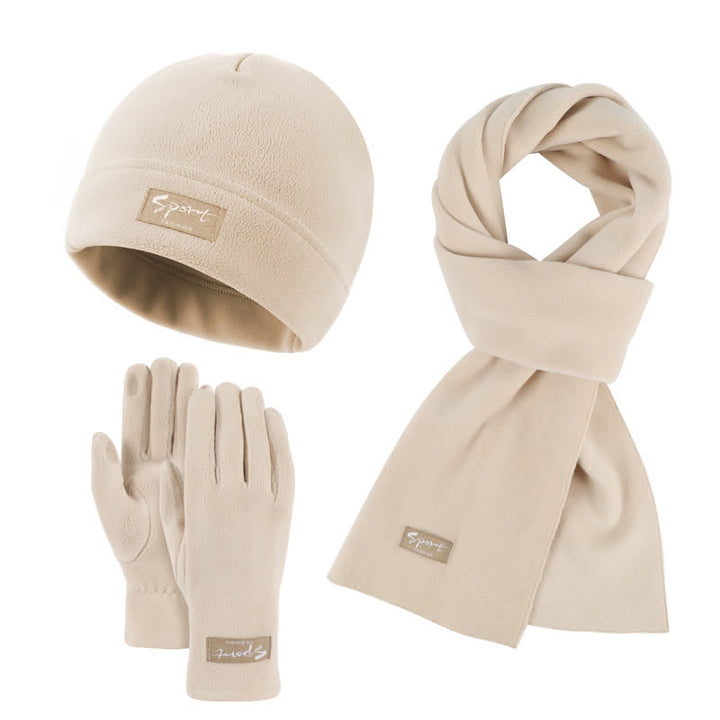 3-teiliges Unisex-Set aus Polarfleece, einfarbig, Mütze, Schal, Handschuhe