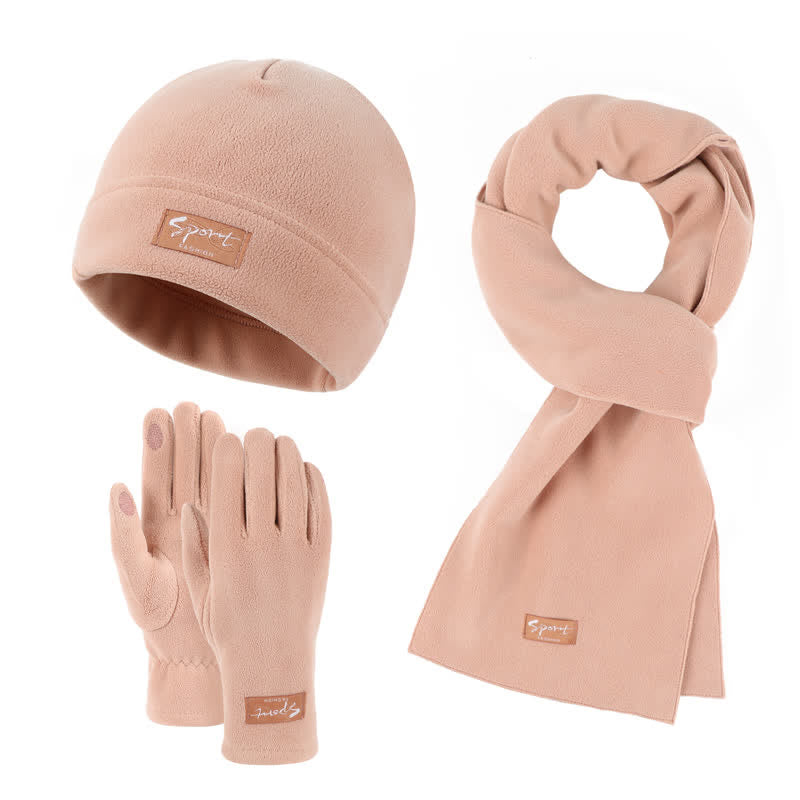 3-teiliges Unisex-Set aus Polarfleece, einfarbig, Mütze, Schal, Handschuhe