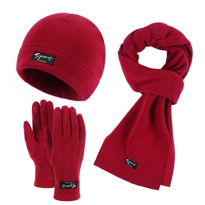 3-teiliges Unisex-Set aus Polarfleece, einfarbig, Mütze, Schal, Handschuhe