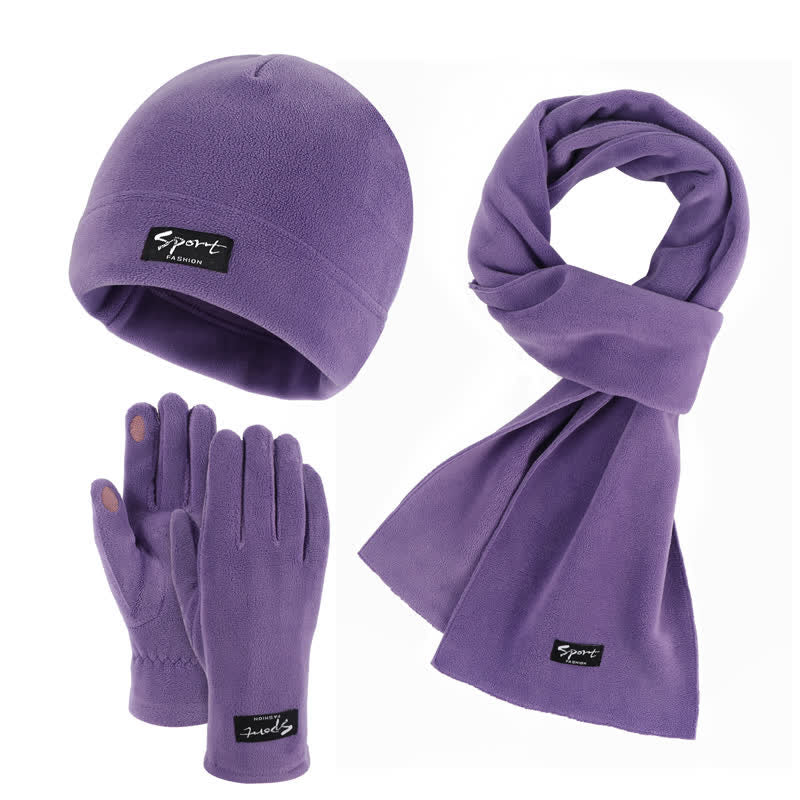 3-teiliges Unisex-Set aus Polarfleece, einfarbig, Mütze, Schal, Handschuhe