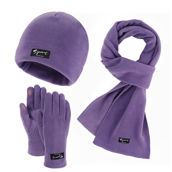 3-teiliges Unisex-Set aus Polarfleece, einfarbig, Mütze, Schal, Handschuhe