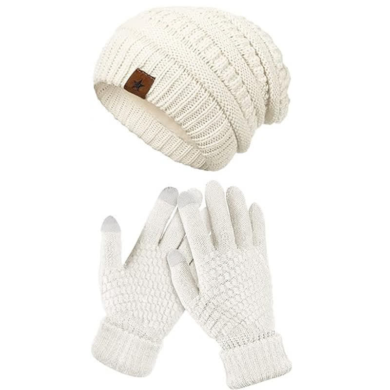 2-teiliges Unisex-Set aus Strickmütze, Schal und Handschuhen in einfacher, einfarbiger Optik