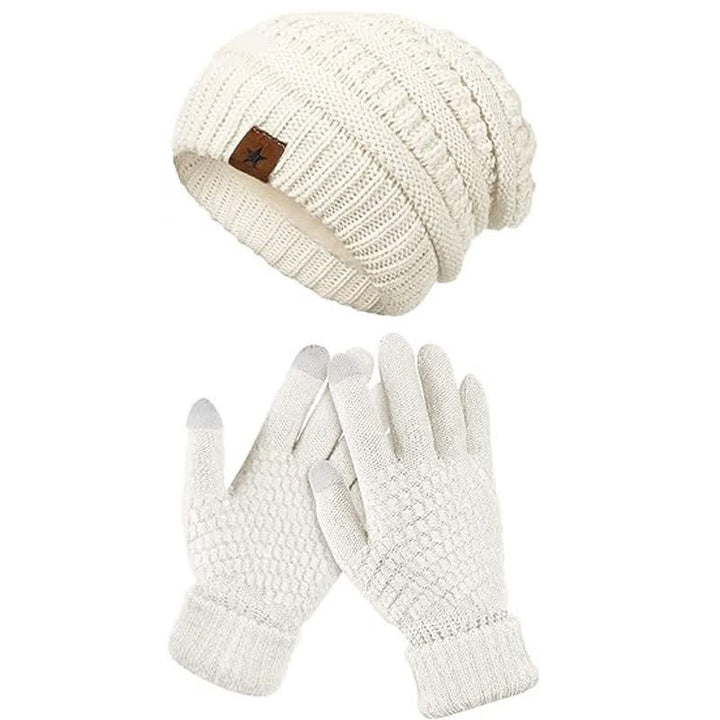 2-teiliges Unisex-Set aus Strickmütze, Schal und Handschuhen in einfacher, einfarbiger Optik