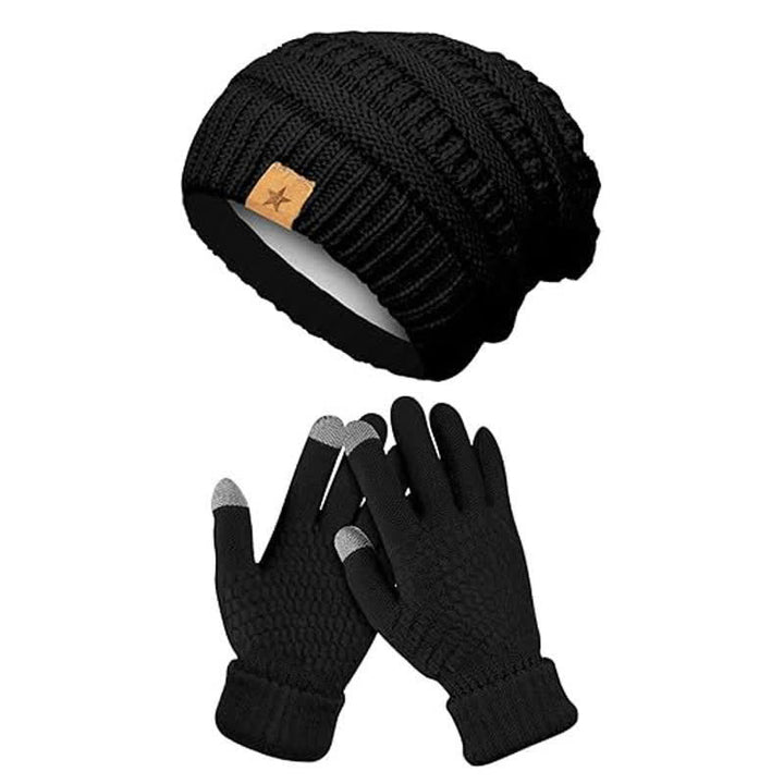 2-teiliges Unisex-Set aus Strickmütze, Schal und Handschuhen in einfacher, einfarbiger Optik