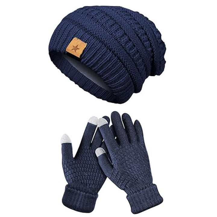 2-teiliges Unisex-Set aus Strickmütze, Schal und Handschuhen in einfacher, einfarbiger Optik