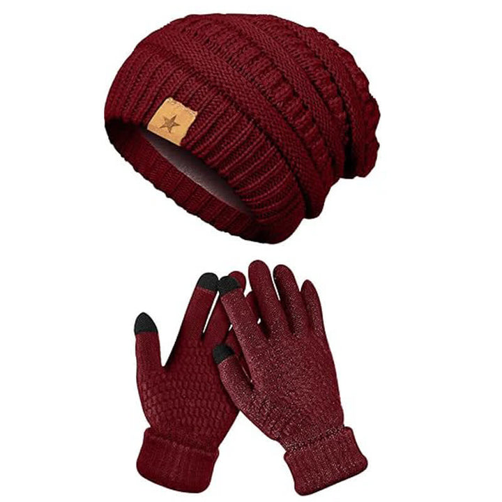 2-teiliges Unisex-Set aus Strickmütze, Schal und Handschuhen in einfacher, einfarbiger Optik