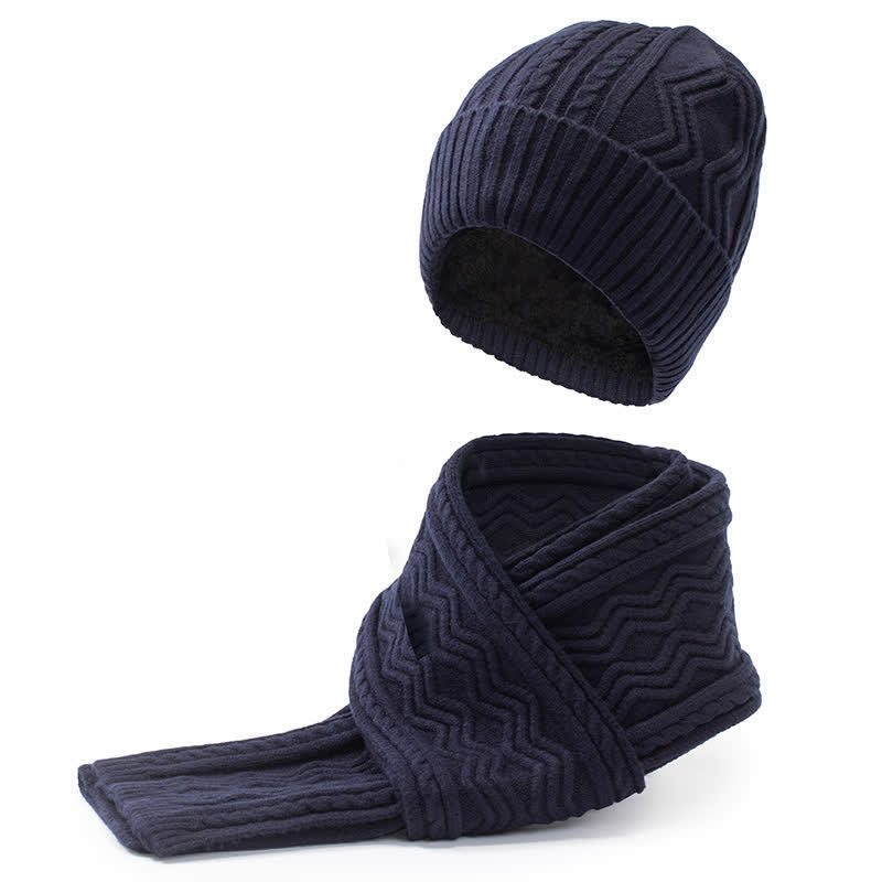 2-teiliges Unisex-Set aus Jacquard-Strickmütze, Schal und Handschuhen in Volltonfarbe