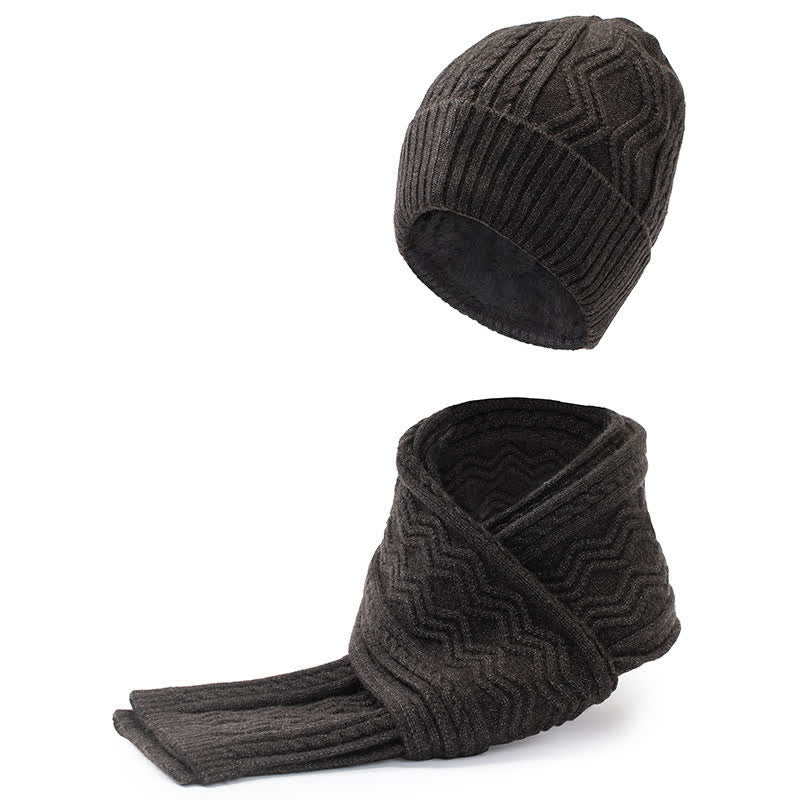 2-teiliges Unisex-Set aus Jacquard-Strickmütze, Schal und Handschuhen in Volltonfarbe