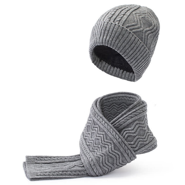 2-teiliges Unisex-Set aus Jacquard-Strickmütze, Schal und Handschuhen in Volltonfarbe