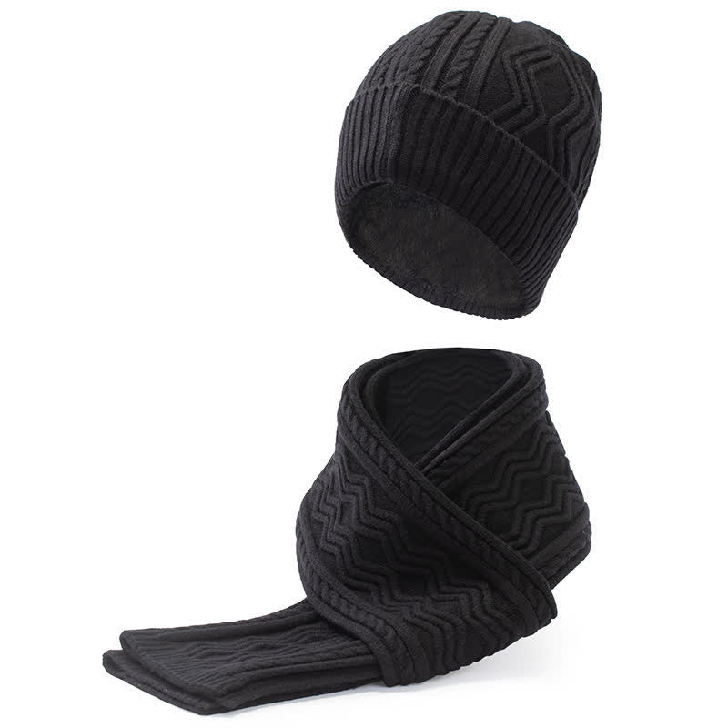 2-teiliges Unisex-Set aus Jacquard-Strickmütze, Schal und Handschuhen in Volltonfarbe