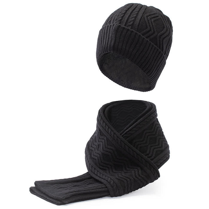 2-teiliges Unisex-Set aus Jacquard-Strickmütze, Schal und Handschuhen in Volltonfarbe