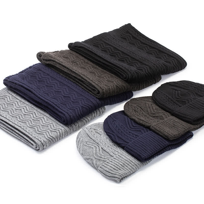 2-teiliges Unisex-Set aus Jacquard-Strickmütze, Schal und Handschuhen in Volltonfarbe