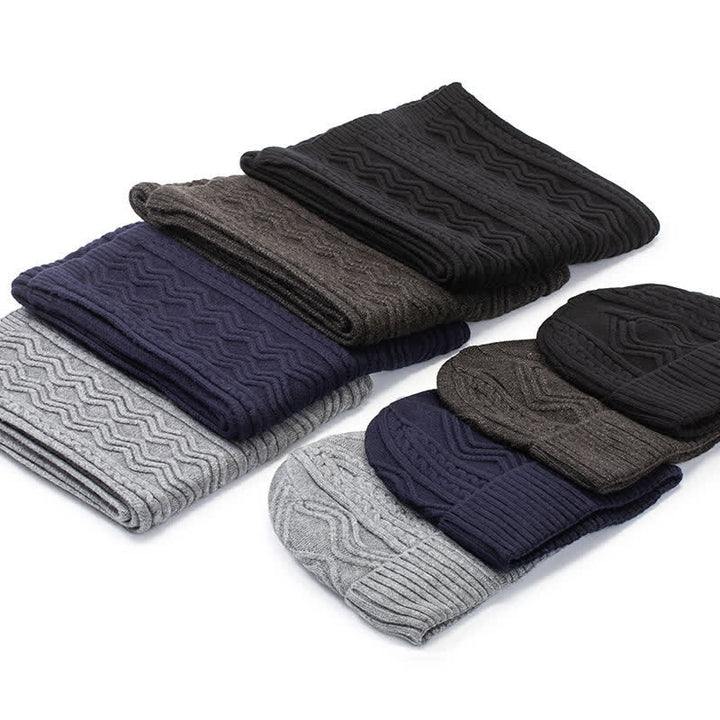 2-teiliges Unisex-Set aus Jacquard-Strickmütze, Schal und Handschuhen in Volltonfarbe