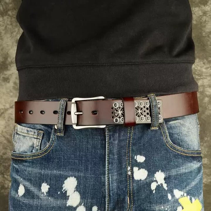 Hip-Hop-Ledergürtel mit hohlen Blumen und Nieten im Vintage-Stil