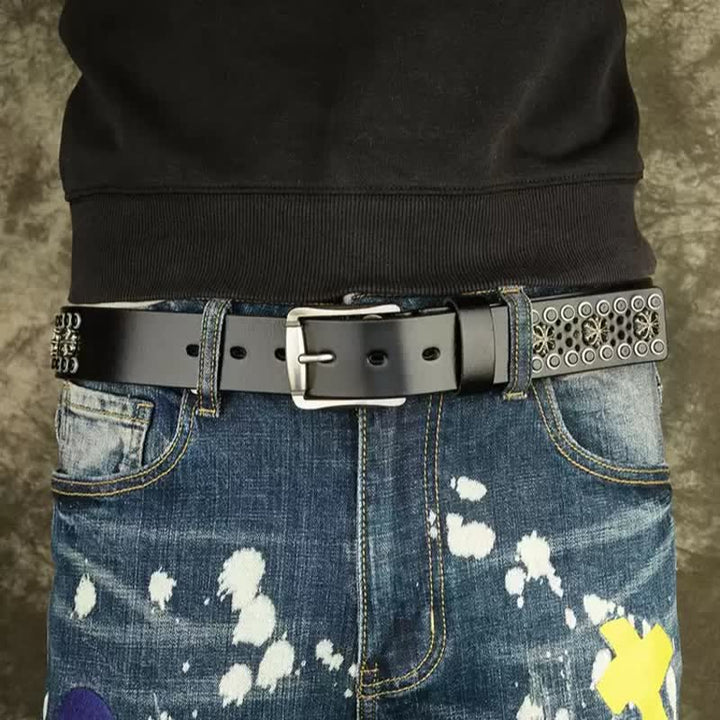 Hip-Hop-Ledergürtel mit hohlen Blumen und Nieten im Vintage-Stil