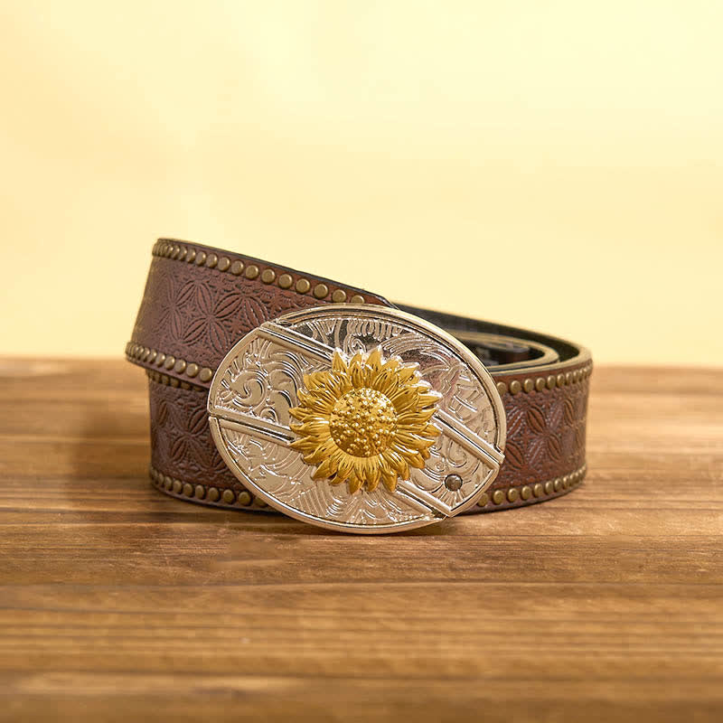 Herren DIY Gold & Silber Sonnenblume verstecktes Klappmesser Ledergürtel