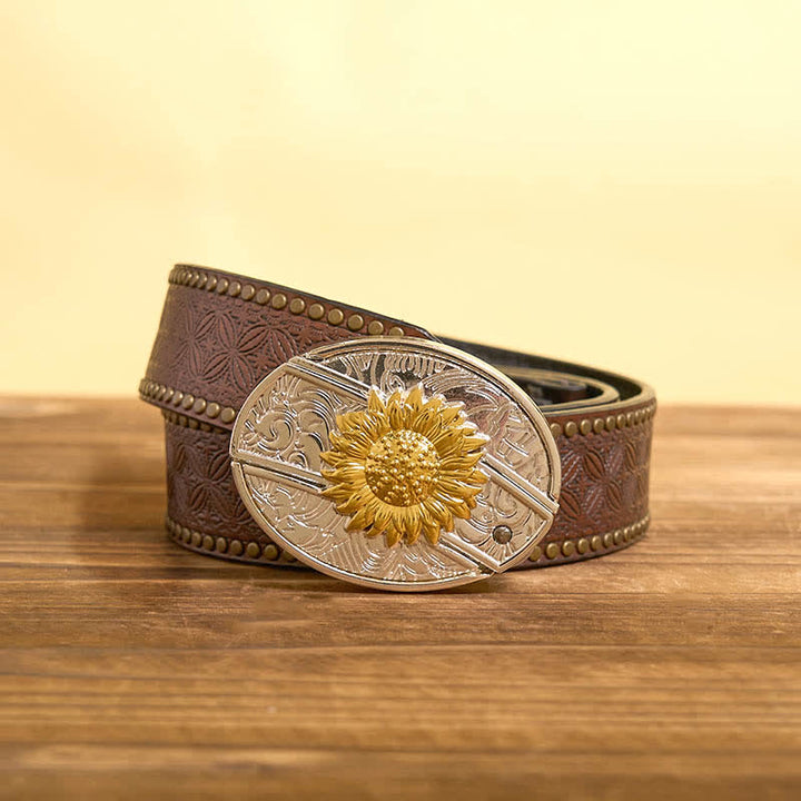 Herren DIY Gold & Silber Sonnenblume verstecktes Klappmesser Ledergürtel