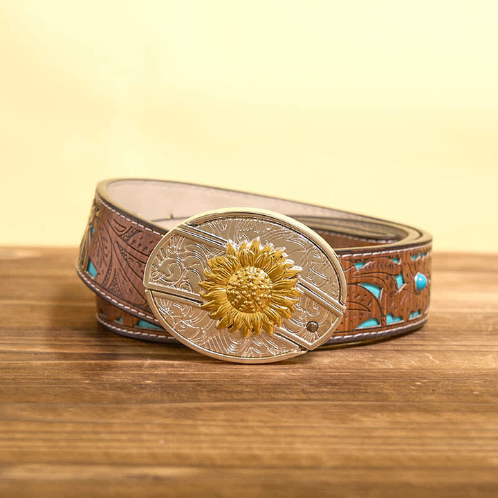 Herren DIY Gold & Silber Sonnenblume verstecktes Klappmesser Ledergürtel