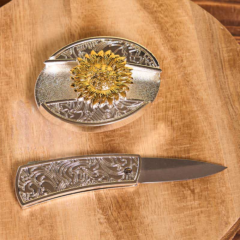 Herren DIY Gold & Silber Sonnenblume verstecktes Klappmesser Ledergürtel