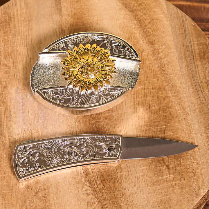 Herren DIY Gold & Silber Sonnenblume verstecktes Klappmesser Ledergürtel