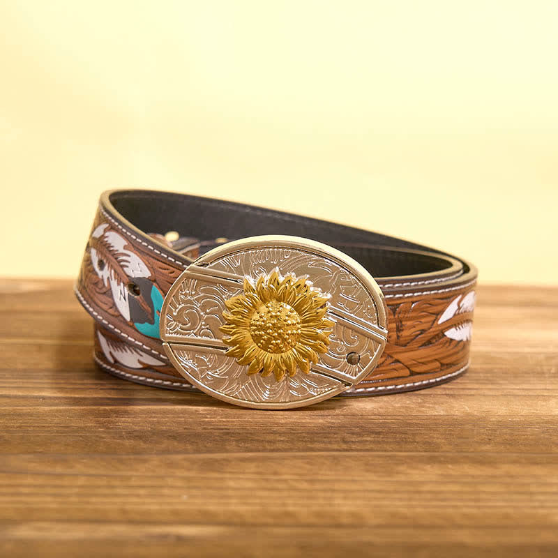 Herren DIY Gold & Silber Sonnenblume verstecktes Klappmesser Ledergürtel