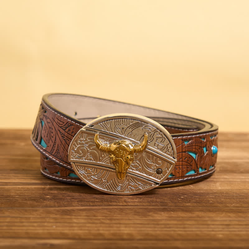 DIY-Ledergürtel für Herren mit verstecktem Klappmesser in Gold und Silber - Stier - Türkisfarbener geschnitzter Gürtel - 42 - image 6