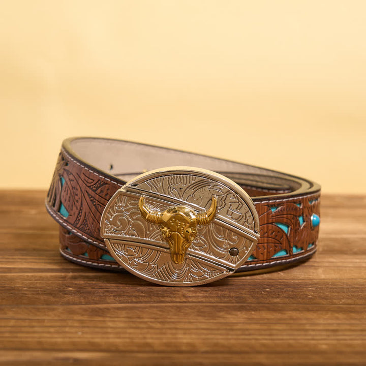 DIY-Ledergürtel für Herren mit verstecktem Klappmesser in Gold und Silber - Stier - Türkisfarbener geschnitzter Gürtel - 42 - image 6