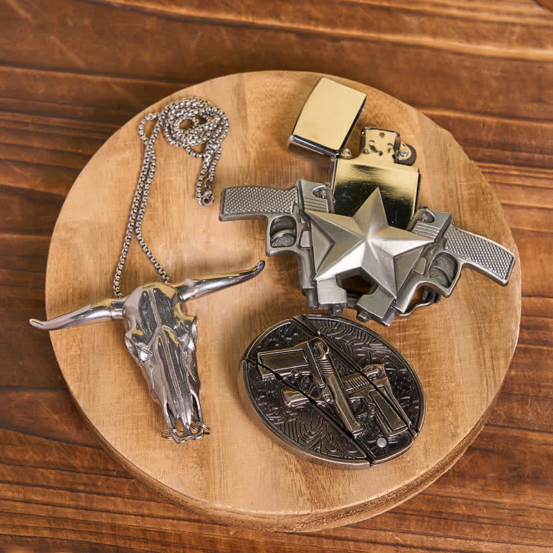 DIY Guns versteckte Messer Gürtelschnalle Bull Ring Anhänger Kerosin Feuerzeug Bundle Set