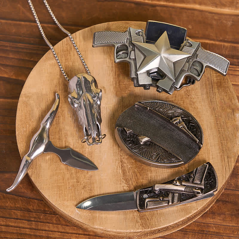 DIY Guns versteckte Messer Gürtelschnalle Bull Ring Anhänger Kerosin Feuerzeug Bundle Set