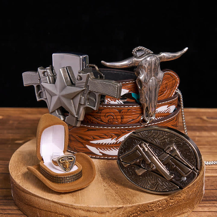 DIY Guns versteckte Messer Gürtelschnalle Bull Ring Anhänger Kerosin Feuerzeug Bundle Set - Doppelwaffen - Brauner Federgürtel - 40 - image 0