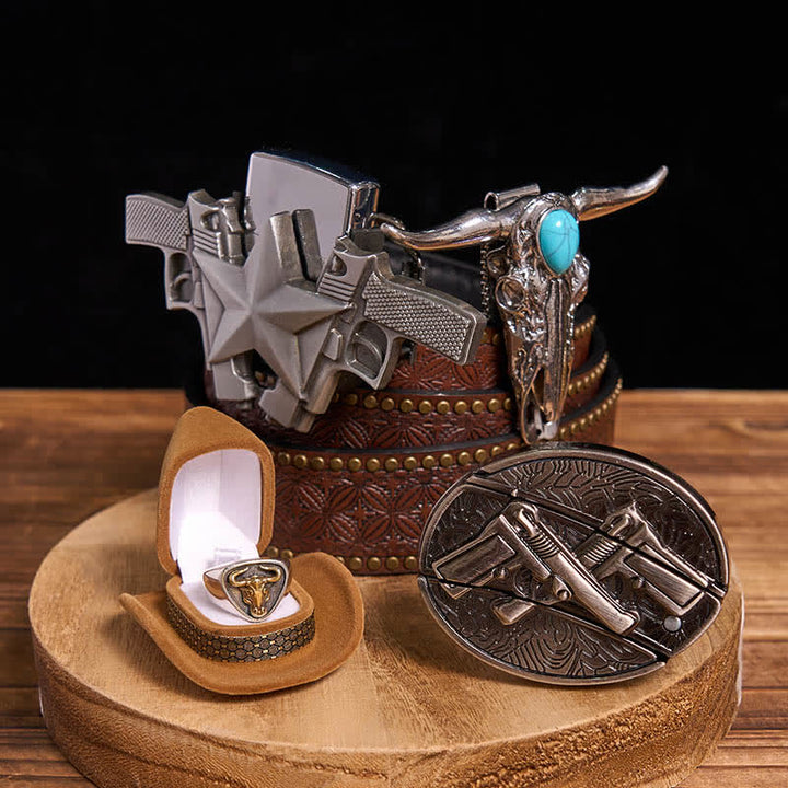 Türkisfarbener Stieranhänger, DIY-Pistolen-Versteckmesser-Gürtelschnalle, Ringfeuerzeug-Set (VORVERKAUF) - Doppelwaffen - Brauner Nietengürtel - 42 - image 3